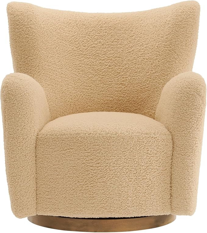 Modway Montrose Swivel Wingback Accent Chair in Ivory Walnut Sherpa Teddy Fabric – Modern Furry Barrel Chair with 360-Degree Swivel Base – Soft and Comfy Living Room Chair