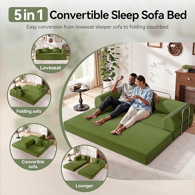 79 Folding Convertible Sofa Bed Boneless Couch for Living Room with Pull Out Bed ‌Convertible Sleeper Sofa Bed with Pillows - Corduroy Upholstered Modular Futon Couch for Bedroom Lounge (Green)
