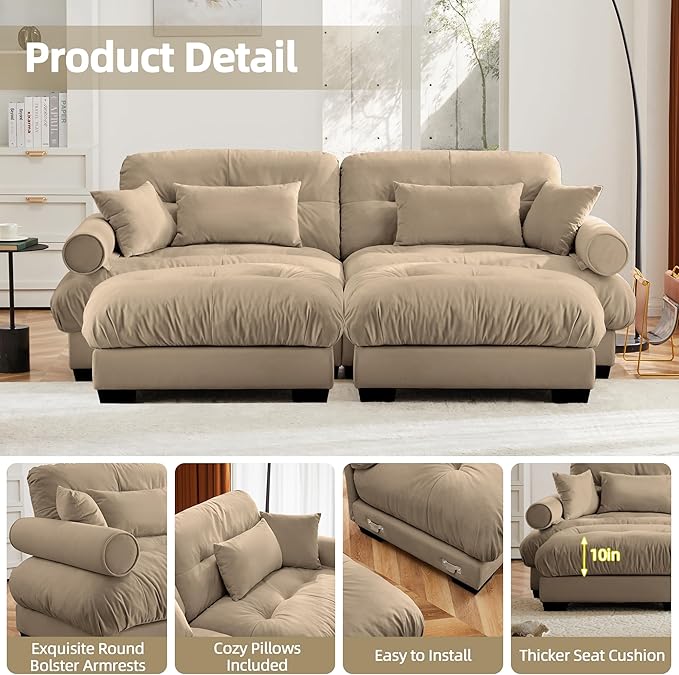 Loveseat Sofa 93.7 Modular Sectional Sofa 2 Seater Modern Cloud Couch with Ottoman Oversized Sectional Couches for Living Room Comfy Velvet Sofas Deep Seat Couch with 4 Pillows Camel