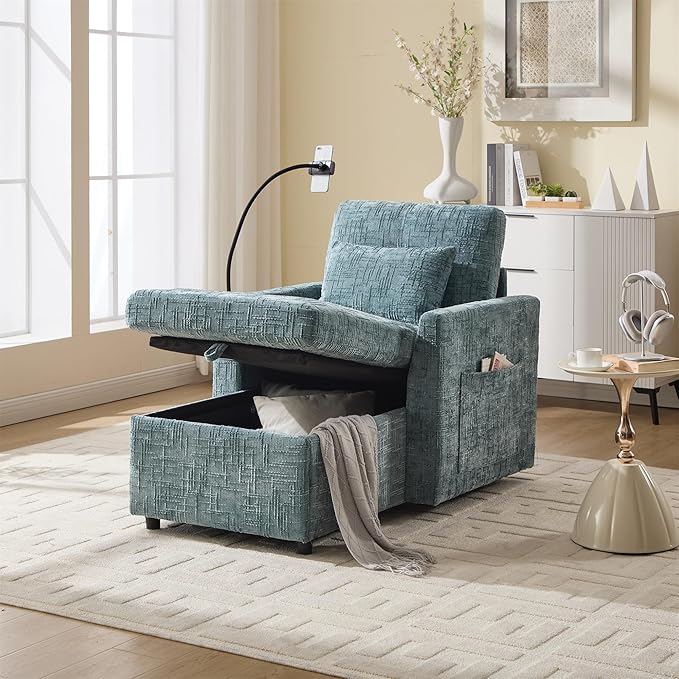 Multifunctional Recliner Sofa Chair with Storage Phone Holder &amp Adjustable Backrest Chenille Fabric Single Leisure Chair for Living Room Bedroom Small Spaces (Lake Blue)