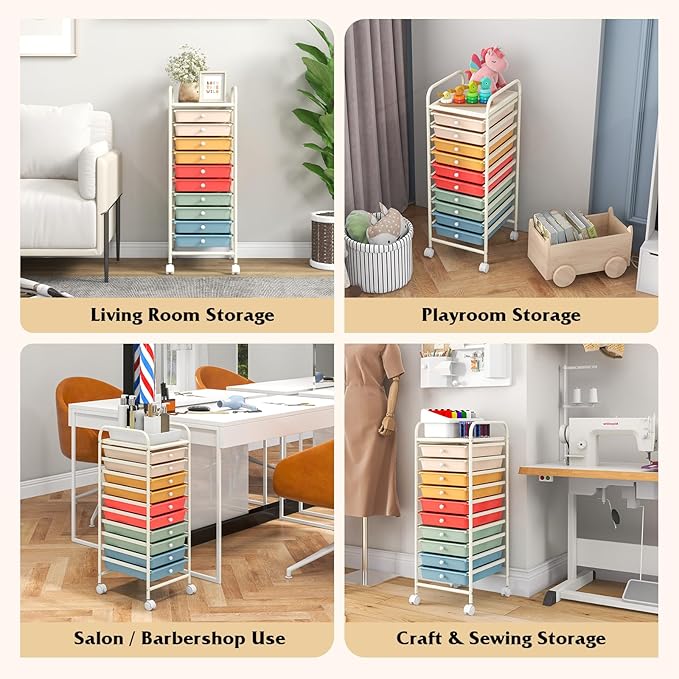 Giantex 10-Drawer Rolling Storage Cart w/Wheels Handle Removable Drawers Mobile Organizer Storage Unit Trolley Utility Cart for Home Kitchen Makeup Living Room Office Play Room