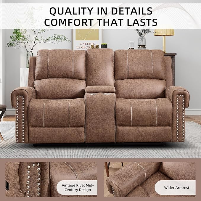 EBELLO Manual Reclining Loveseat Faux Leather Dual Double Recliner Sofa with Center Console Hidden Storage &amp Cup Holders Vintage Rivet Mid-Century Modern Design for Living Room Brown