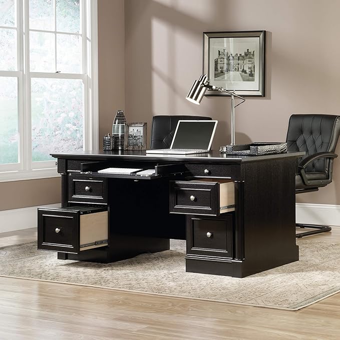 Sauder Palladia Office Desk with Drawers Executive Desk with File Cabinet Storage Cable Management Keyboard Tray in Wind Oak Finish