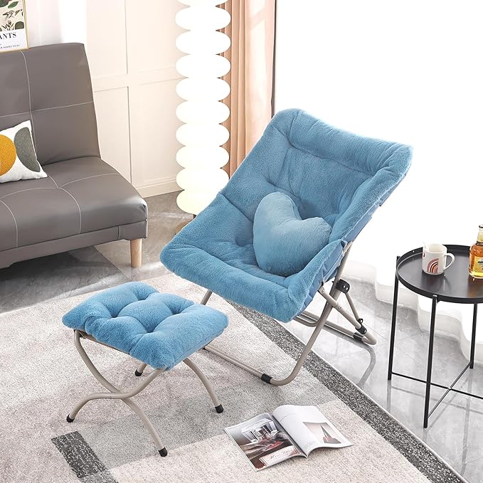 Saucer Chair with Ottoman Comfy Oversized Folding Chair Faux-Fur Reading Chair for Teens Adults Foldable Accent Lazy Chair Metal Frame Chair for Living Room Bedroom Blue