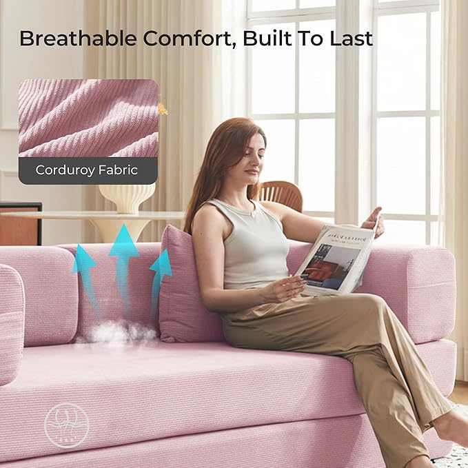79 Convertible Sofa Bed with Pillows Corduroy Folding Sleeper Sofa with Fixed-Shape Frame Boneless Couch for Living Room Bedroom Floor Sofa Lounge No Assembly Required (A - Style - Pink)