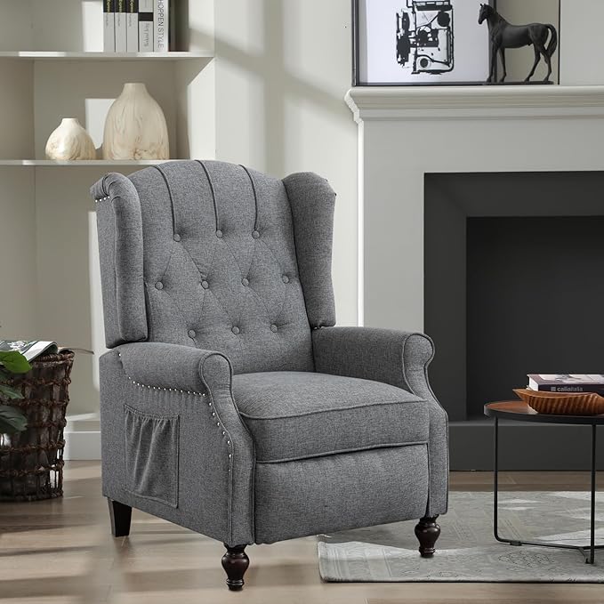 Pushback Recliner Chair Linen Elizabeth Tufted Armchair Accent Chair with Massage &ampHeat Mid Century Modern Wingback Single Sofa Chairs for Living Room Small Space Home Theater (Light Grey)