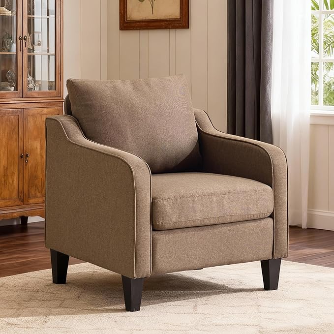 Accent Chair Brown Mid Century Modern Arm Chair Fine Linen Fabric Upholstered Armchair with Scooped Arms Comfy Reading Chair for Living Room Bedroom Office Apartment