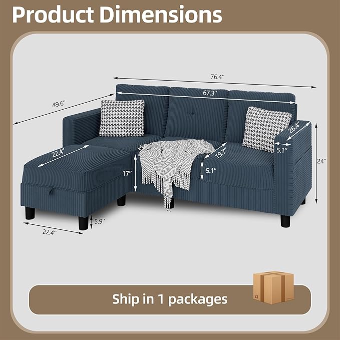 JAMFLY Convertible Sectional Couches for Living Room L-Shaped Couch 3 Seat Sectional Sofa Set with Polyester Fabric and Movable Ottoman Small Couch for Apartments Office(Blue)