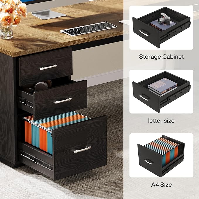 Tribesigns 85.8-Inch L-Shaped Executive Desk Extra Large Modern Office Desk with File Drawers Door Cabinet &amp Shelves Commercial Office Table Home Business Workstation Light Brown &amp Black