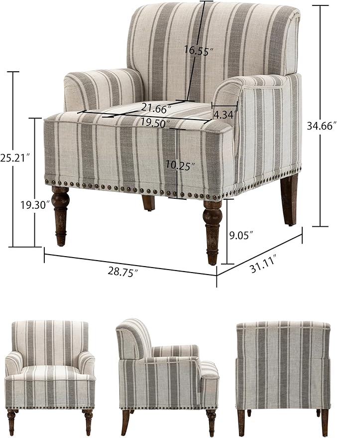 Accent Chair Mid Century Modern Comfy Armchair for Living Room Linen Fabric Single Sofa Lounge for Reading Bedroom Apartment Waiting Room with Wood Legs (Grey Stripe Set of 2)