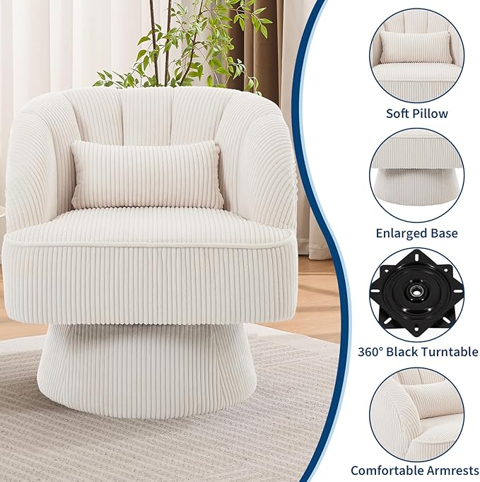 Mid Century Modern Swivel Barrel Chair - 360° Swivel Accent Chair with Plush Velvet Upholstery &amp Wide Cushioned Seat Round Lounge Sofa Chair for Living Room Bedroom Office (Beige 2 PCS)