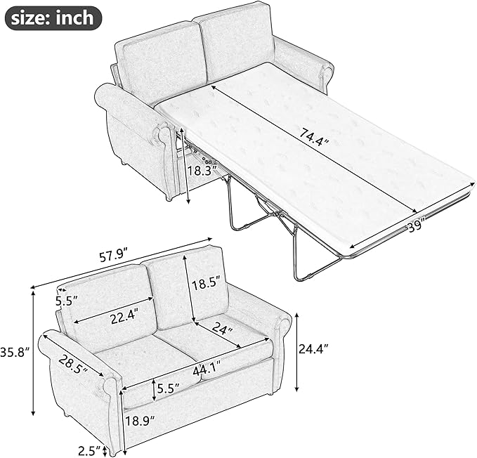 Pull Out Sofa Bed with Twin Size Memory Mattress 57.9 Linen Loveseat Sofa Sleeper Bed 2-in-1 Sleeper Sofa Bed Convertible Sofa for Living Room Small Spaces (Brown 072)