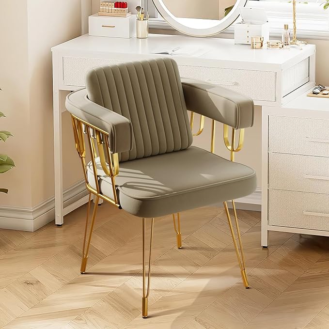 Makeup Vanity Chair with Gold Back No Wheels Accent Velvet Desk Chairs with Extra Lumbar Pillow for Girls Bedroom Dressing Room Nail Salon Living Room Greyish Brown