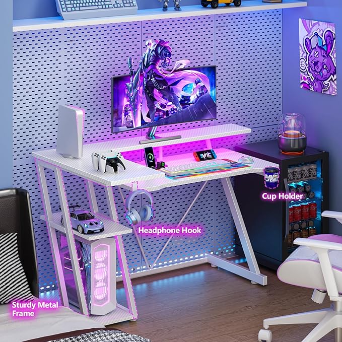 40 Inch Gaming Desk with Power Outlet &amp LED Lights L Shaped Computer Gaming Table with 3 Tiers Storage Shelves Corner Gamer Desk with Monitor Stand for Small Space Carbon Fiber White