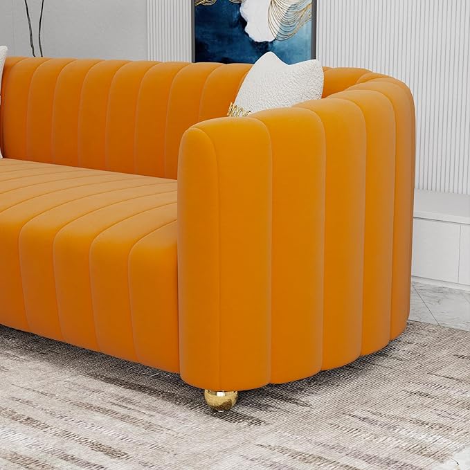 Modern Orange Velvet Couch for Living Room 83.46 Curved Sofa with Gold Metal Sphere Legs 3 Seater Upholstered Cute Couch (Velvet Orange)