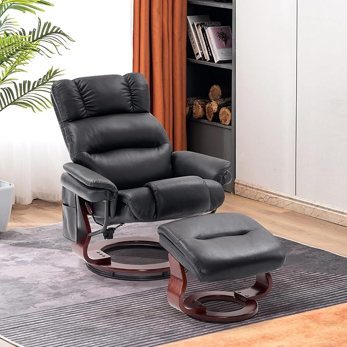 MCombo Swivel Recliners with Ottoman Reclining TV Chairs with Vibration Massage Faux Leather Ergonomic Lounge Chair for Living Room Bedroom 4832 (Black)
