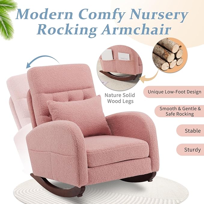 VINGLI Teddy Fleece Low Seat Rocking ChairBoucle Upholstered Nursery Glider Chair with Side PocketsAccent Arm Chair with High BackrestComfy Head RestSolid WoodFor Living Room Bedroom BalconyPink