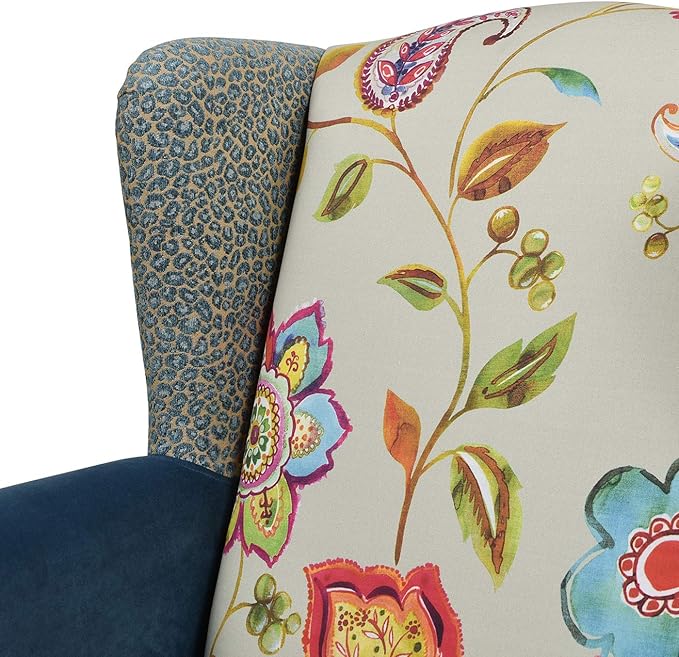 Jennifer Taylor Home Ayla Boho Chic Wingback Accent Arm Chair Floral &amp Leopard Blue-Teal &amp Yellow-Gold Velvet