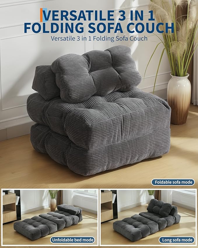 Garvee 3-in-1 Folding Convertible Sofa Bed with Pillow Foldable Matress with Back Support Comfy Portable Sleeper Chair Floor Sofa Lounge for Living Room Bedroom No Assemble Required Grey Single