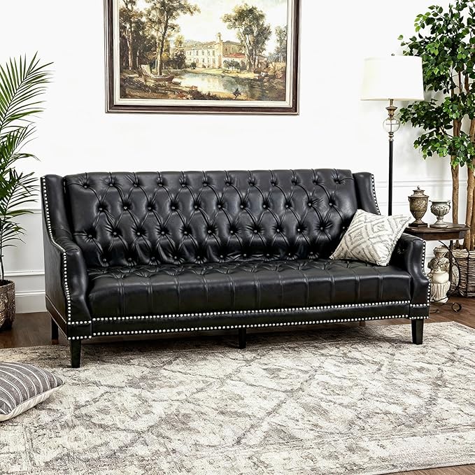 chairus Mid-Century Modern 74.5 Faux Leather Sofa Tufted Upholstered 3 Seater Couch with High Back &amp Nailhead Trim Chesterfield Sofa for Living Room Bedroom Apartment Office Black PU
