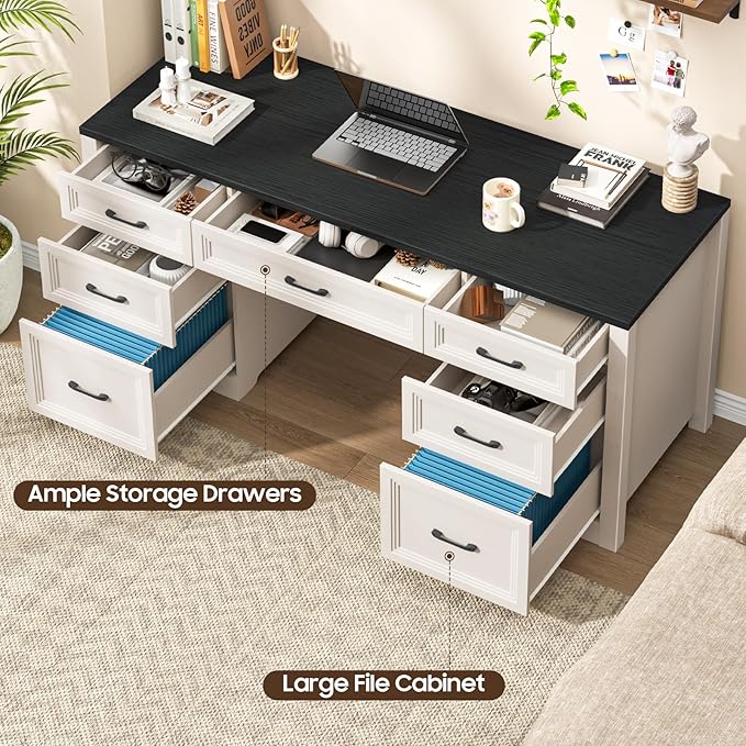 Farmhouse Executive Desk Wood Home Office Desk with 2 Large File Drawers and 5 Storage Cabinets Rustic Writing Desk for Work and Study Black