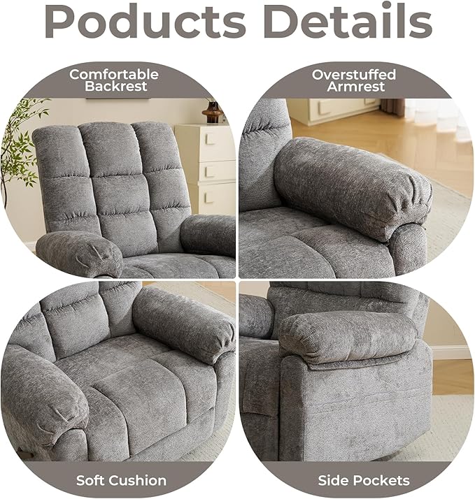 Oversized Swivel Rocker Recliner with Heat and Massage Comfy Rocking Chair Overstuffed Rocker ReclinerWide Manual Recliners for Living RoomGrey