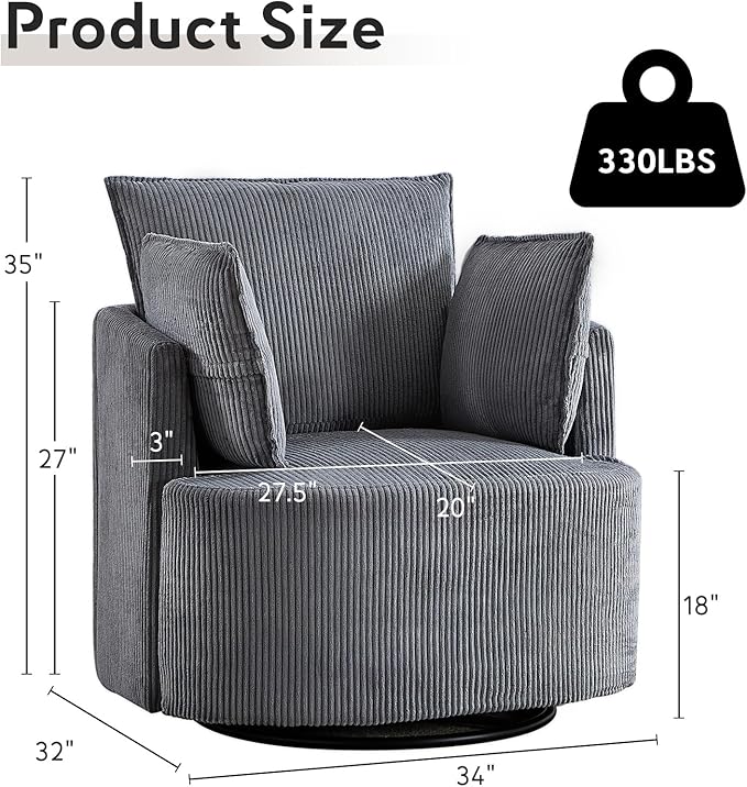 Bonzy Home 360° Swivel Accent Chair Comfy Corduroy Swivel Barrel Chair with 2 Soft Pillows Single Sofa for Living Room Bedroom Grey