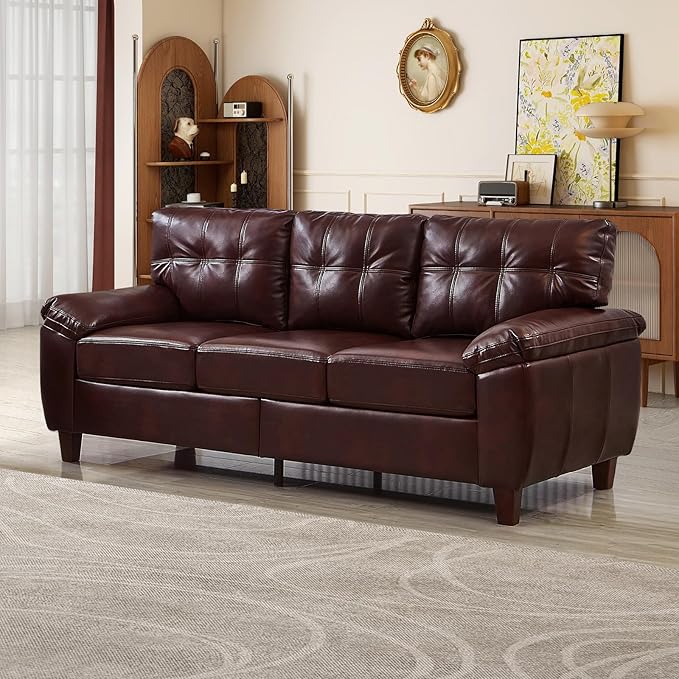 79-inch 3 Seater Couch with Storage Mid-Century Vintage Retro Faux Leather PU Upholstery Tufted Cloud Comfy Deep Seat Sofa Couch for Living Room Office Apartment Burgundy