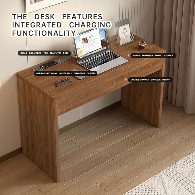 47-Inch Computer Desk with Pull-Out Outlet Home Office Desks with 2 Sturdy Drawers Writing/Gaming/Work/Study Desk for Bedroom Living Room Brown