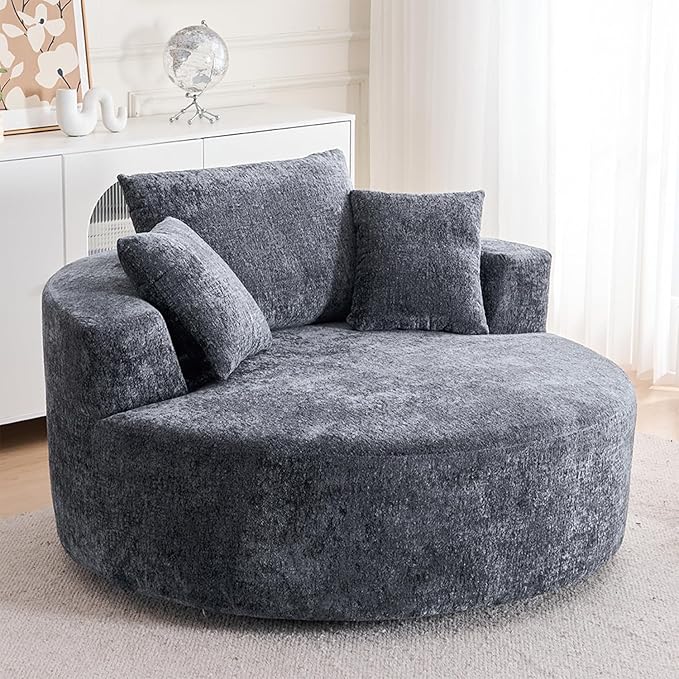 54.5 Grey Oversized Swivel Barrel Chair - Chenille Comfy Modern Sofa Chair Fluffy Upholstered Round Accent Chair Cloud Lounge Armchair with 3 Pillows for Living Room Apartment