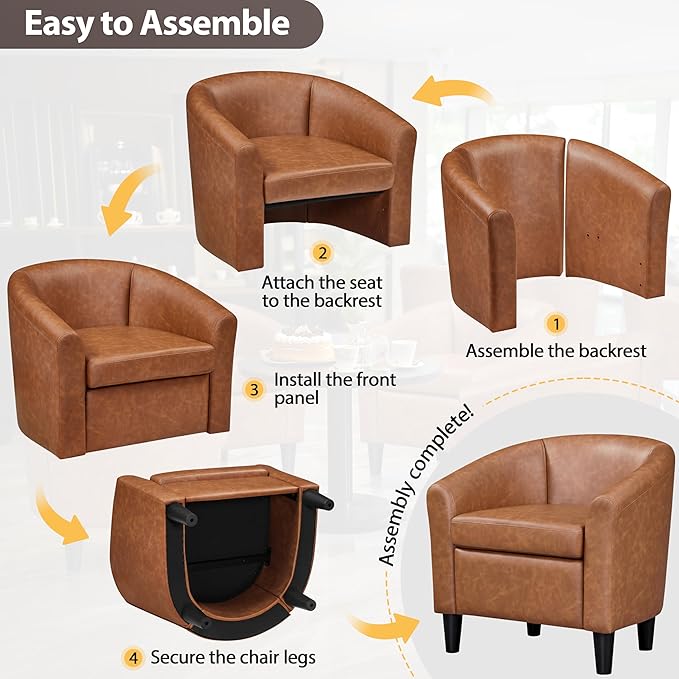 Topeakmart Leather Accent Chair PU Leather Modern Barrel Chair Club Armchair with Soft Padded for Living Room Bedroom Brown Set of 2
