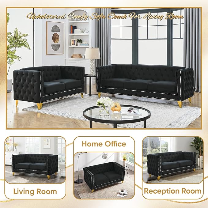 Velvet Living Room Sofa Set of 2 Comfy Loveseat and 3 Seater Couch Modern Sofa with Tufted Back and Rivet Decoration Upholstered Long Couch with Solid Golden Metal Tapered Legs Black