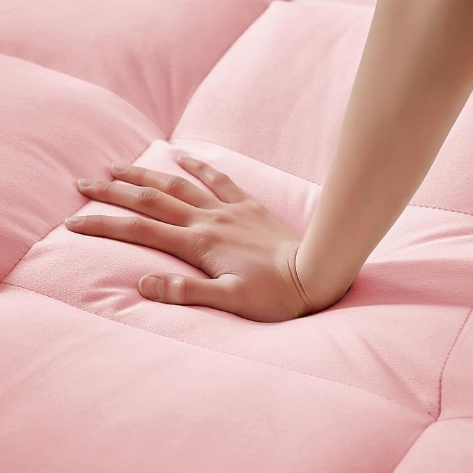 SLEERWAY 3-in-1 Convertible Futon Sofa Bed Chair Multi-Functional Sleeper Chair Bed with Pull Out Couch and Adjustable Backrest Modern Velvet Chaise Lounge Loveseat for Living Room Bedroom Pink