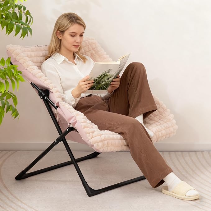 HollyHOME X-Large Saucer Chair Comfy Oversized Folding Chair Faux-Fur Reading Chair for Teens Adults Foldable Accent Chair Metal Lounge Chair for Living Room Bedroom Dorm Grid Champagne Pink