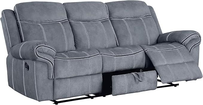 Acme Furniture Zubaida 41 x 87 Modern Velvet Reclining Sofa with USB Dock 1 Storage Drawer Tight Back &amp Seat Cushion in 2-Tone Gray Finish