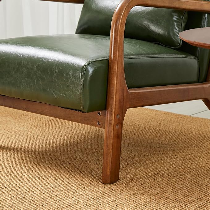 Glitzhome Mid Century Hunter Green Accent Armchair Single Reading Armchair PU Leather Lounge Chair with Walnut Ruberwood Frame