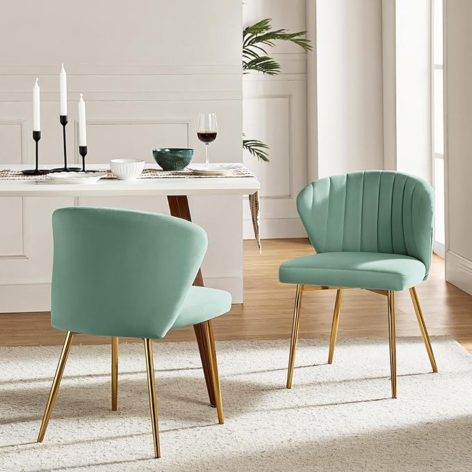 HULALA HOME Velvet Dining Chairs Modern Small Armless Accent Chair with Gold Metal Legs Living Room Upholstered Cute Side Chair Elegant Tufted Back Vanity Chair for Bedroom/Beauty Room-SAGE