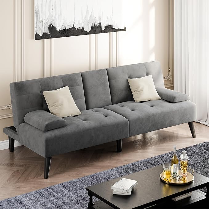 Shintenchi Futon Sofa Bed Velvet Foldable Couch Reclining Sleeper with Removable Armrests Upholstered Loveseat Sofa Couch with Folding Cup Holders for Home Office Dark Gray