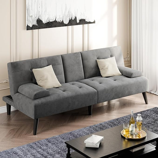 Shintenchi Futon Sofa Bed Velvet Foldable Couch Reclining Sleeper with Removable Armrests Upholstered Loveseat Sofa Couch with Folding Cup Holders for Home Office Dark Gray