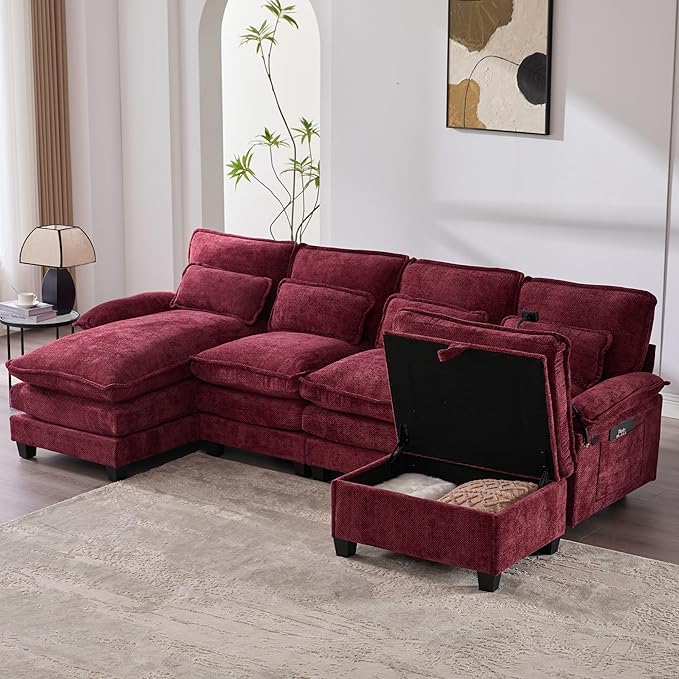 U Shaped Modern Sofa Modular Sectional Cloud Couch with Storage Ottoman Upholstery Chenille Deep Seat Sofa with Charging Port for Living Room Reversible Chaise Lounge Wine Red