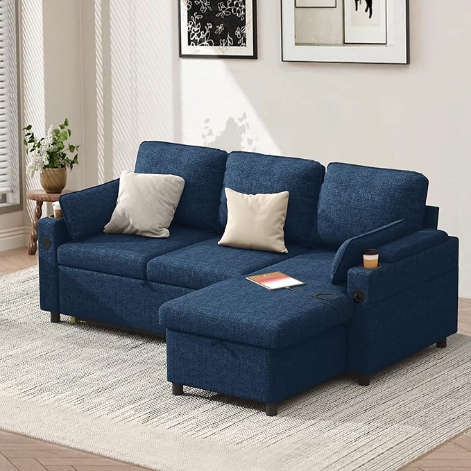 DURASPACE Sleeper Sofa Bed Pull Out Couch 2 in 1 Convertible Sofa Sleeper with Storage L Shaped Sectional Couch Bed for Small Spaces Living Room Bedroom Apartment (Blue)