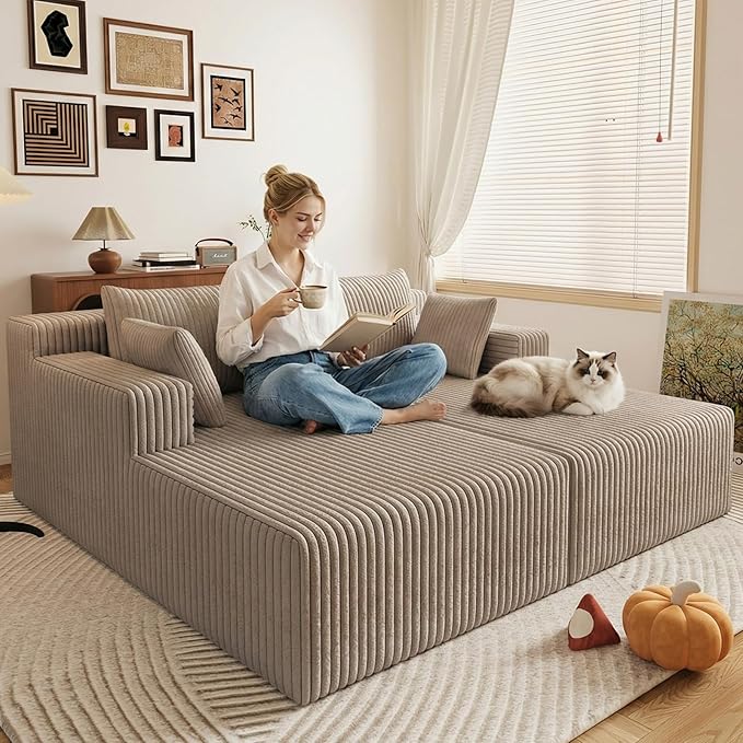 71Oversized Chaise Lounge ChairSectional Double Lounge Chaise with Pillows Upholstered Corduroy Boneless Lounge Chair Fluffy Modern Loveseat Sleeper Sofa for Living Room or Bedroom(Camel)