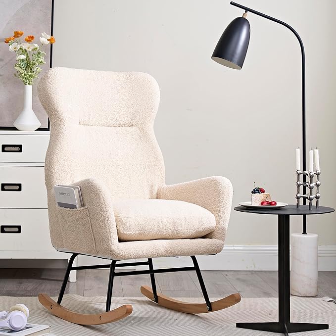 Modern Rocking Chair with High BackrestTeddy Material Comfort Arm Rocker Lounge Armchair for Living Room