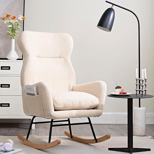 Modern Rocking Chair with High BackrestTeddy Material Comfort Arm Rocker Lounge Armchair for Living Room