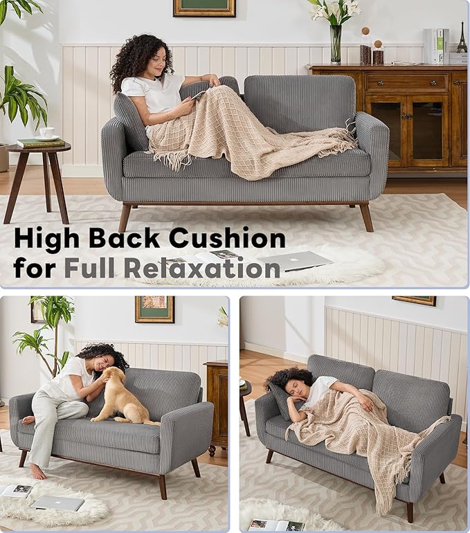 Kingfun 65 Corduroy Love Seat with Spring Cusions Mid Century Modern Loveseat Sofa for Livingroom &amp Bedroom Comfy Upholstered Small Couch Gray | linen fabric button tufted solid wood foot p