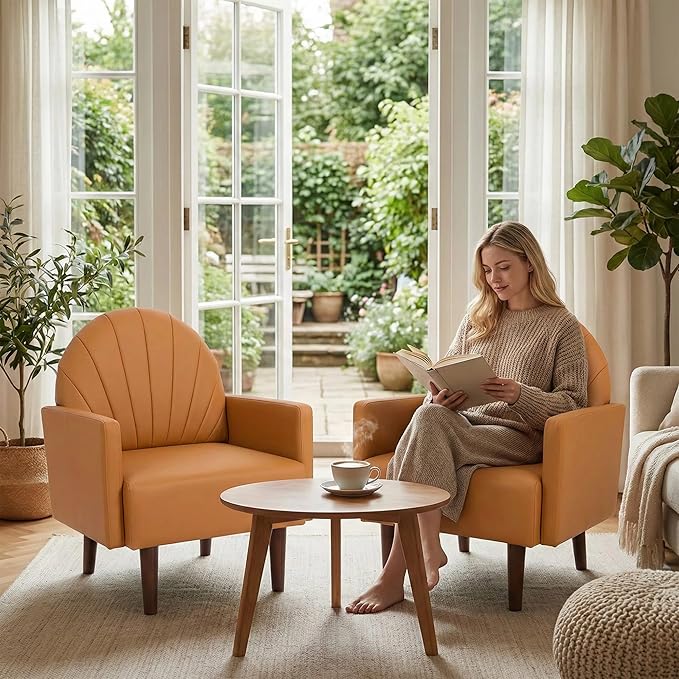 PU Accent Chairs for Living Room with High-Density Foam Cushion Mid-Century Single Sofa Armchair with Solid Wood Legs Upholstered Reading Chair for Bedroom Home Office (Shell Orange)