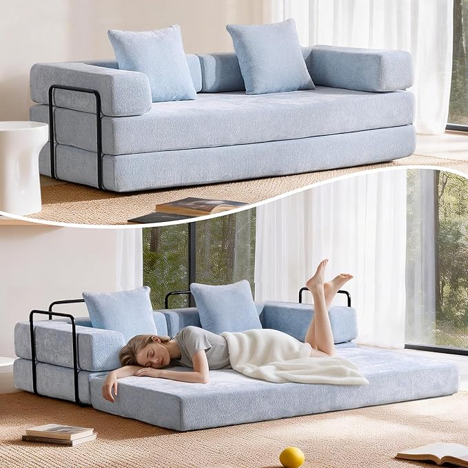 Convertible Floor Sofa Bed Fold Out Floor Couch with Pillow Back &amp Armrest Compressed Couch with Fixed-Shape Frame Chenille Foldable Sleeper Sofa Bed for Living Room Bedroom Light Blue