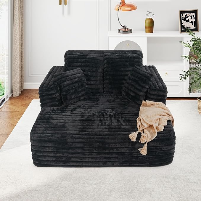 56 Oversized Chaise Lounge Chair IndoorPlush Faux Fur Sleeper Sofa Couch Bed with Pillows&ampWide ArmrestsFluffy Comfy Cloud CouchCompression Foam Couch for Living RoomBedroom(Black)