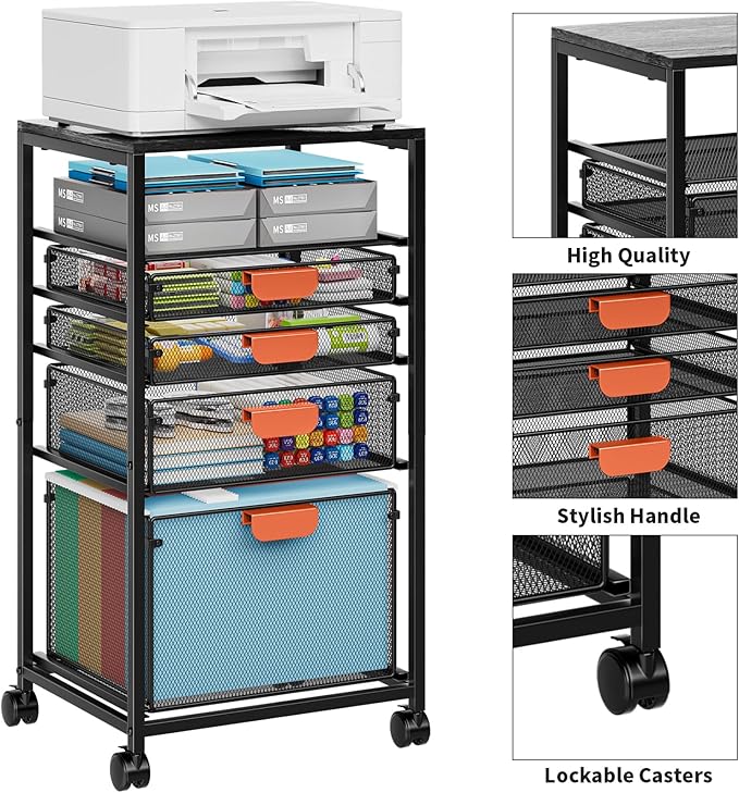 Marbrasse Rolling File Cart with 4 Storage Drawers Mobile File Cabinet on Lockable Wheels Hanging Filing Cabinet Organize Under Desk Utility Cart for Home Office