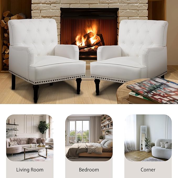 MOJAY PU Leather Accent Chair Mid-Century Armchair Living Room Sofa Chair with Rubber Wood Leg Club Chair with Rivet Trim for Bedroom Reading Room Reception (White)
